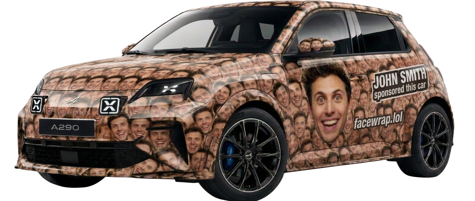 White Alpine A290 in rally livery covered in tiled portraits with YOUR NAME and x.com/yourhandle on the door